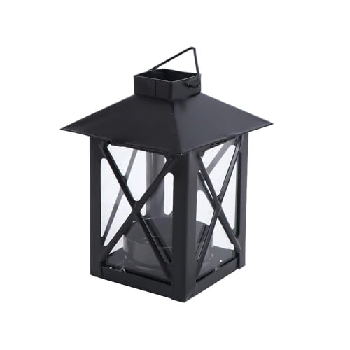 Farol de metal vintage para velas, candelabro decorativo resistente al viento de hierro negro con cristal para uso en interiores y exteriores, decoración de jardín de fiesta de boda (negro)