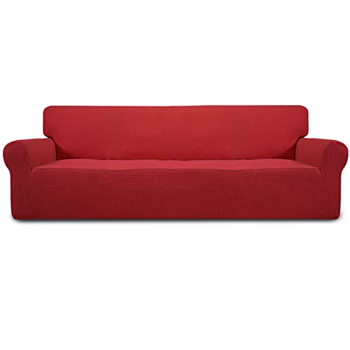 Image of Easy-Going Stretch 4 Seater Sofa Slipcover 1-Piece Sofa Cover Furniture Protector Couch Soft with Elastic Bottom for Kids, Polyester Spandex Jacquard Fabric Small Checks Christmas Red