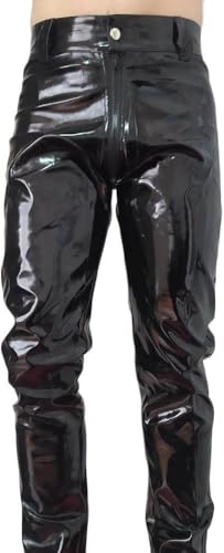 Pantalon long en similicuir pour homme, coupe ajustée, effet mouillé, Noir , M