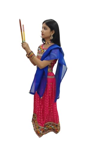 Image of BookMyCostume Lehenga Choli for Girls with Dandiya Set | Pink Kids Garba Costume for Navratri | Kids Lehenga for Girls with Dupatta & Dandiya Sticks | Traditional Garba Nights Outfit | 12-16 Years