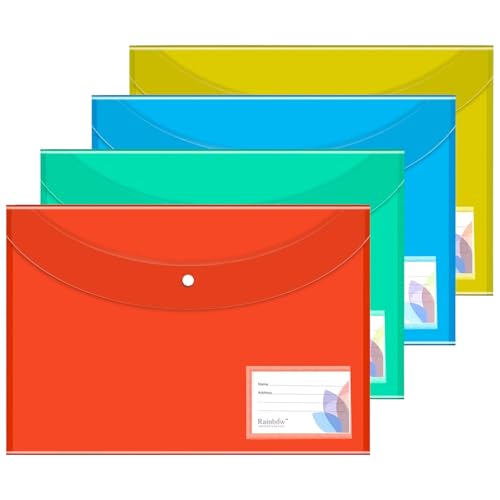 Image of Shuban Document File Folders with Snap Button Closure, Waterproof Plastic Envelope Pouches for Letter /A4 Size Paper, Assorted Transparent Colors (Style-4-Plain Transparent Folder-4Pcs-Mix Color)