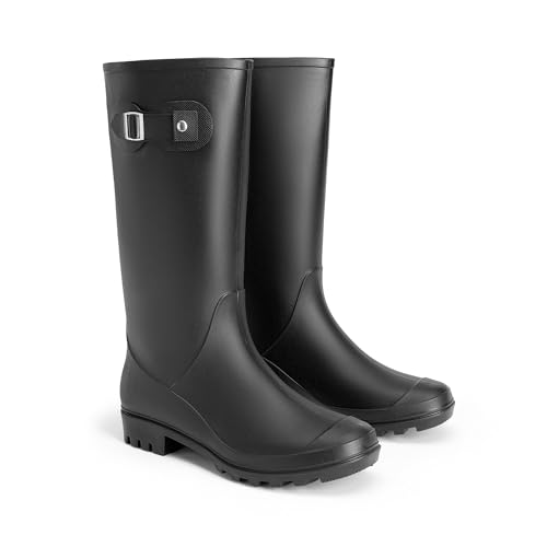 DREAM PAIRS Kniehohe Damen Regenstiefel mit seitlicher Schnalle Gummistiefel damen,Size 39,Schwarz,DWEMRB2503