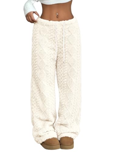 Image of ZAFUL Women's Fuzzy Plush Pajama Pants Wide Leg Pj Bottoms Lounge Pants | Soft Fluffy Sleep Pants Drawstring Elastic Waist Teddy Pjs for Women No Pockets