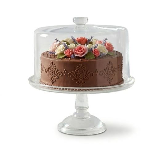 Image of Martha Stewart Watercrest Glass Cake Stand with Dome, 10.2 Inch Clear Footed Pedestal Cake Stand with Glass Lid Cover, Handmade Glassware for Cakes and Desserts