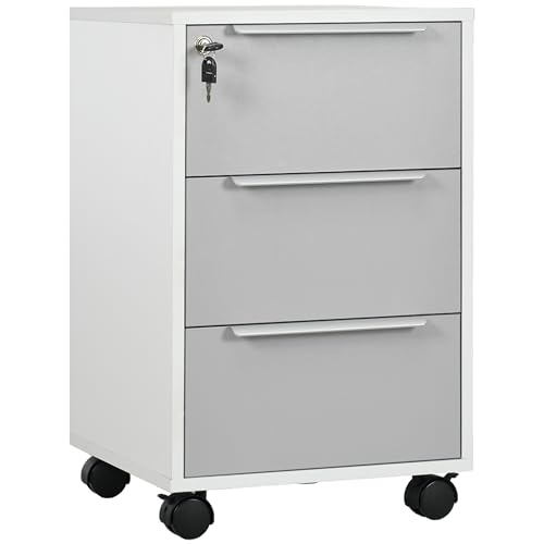 HOMCOM Caisson bureau mobile avec 3 tiroirs et serrure, meuble rangement bureau sur roulettes pour documents et imprimante, caisson de rangement compact pour...