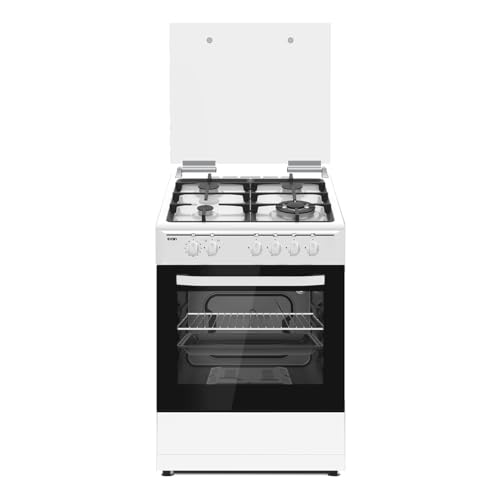 Svan Cocina Gas Butano 4 Zonas de Cocción, Horno 63 L, Blanco SKGW4602. Control Manual, Quemador WOK triple llama, 2 Programas de Cocción, Cristal en Puerta de Doble Capa, Tapa Abatible