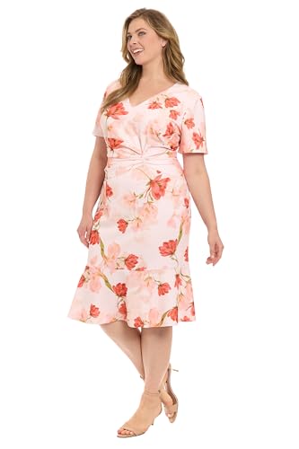 Image of London Times Women's Women's Twist Front V-Neck Midi Dress - Short Sleeve Fitted Trumpet Hem - Special Occasion Wedding Guest Dress