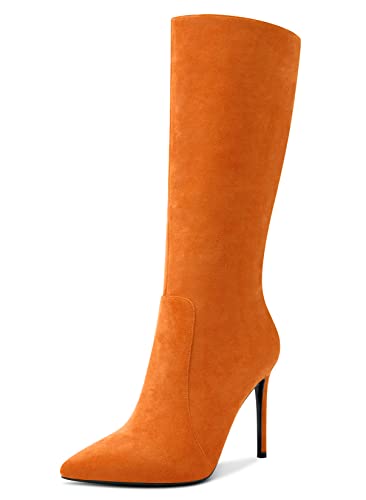 Aachcol Women Mid Calf Boots Stiletto High Heel Pointed Toe Zipper Classic 4 Inch