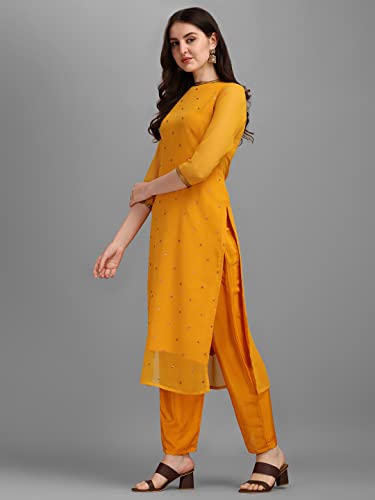 Image of Hritika Women Yellow Solid Seqiun Embroidered Faux Georgette Readymade Salwar Suit Set [S Size] (HRKB0070YELW S)