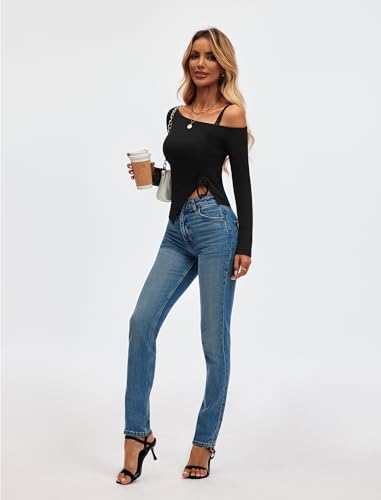 Womens Long Sleeve Tops Off Shoulder Shirts Trendy Going Out Tshirts Ruched Slim Fit Y2K Tee Blouse4