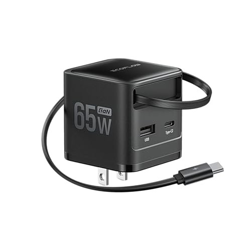 EF ECOFLOW 65W USB C Charger with Retractable Cable, 3-in-1 Phone Charger with Type C Cable, 2-Port Fast Charger Compatible with iPhone 16 Pro Max, iPad Pro/Air, Galaxy S25, Steam Deck (Black)