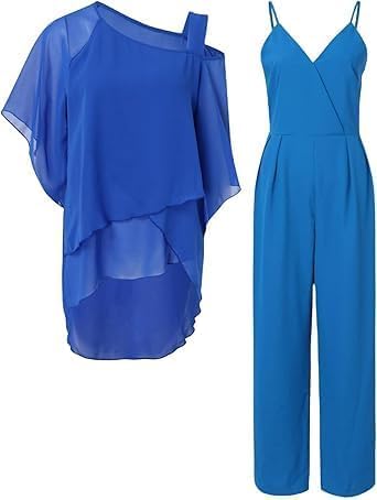 2 Piece Semi Formal Pants for Wedding Guest Half Sleeve Jumper and Wide Leg Jumpsuit Chiffon Pantsuit - Image 4