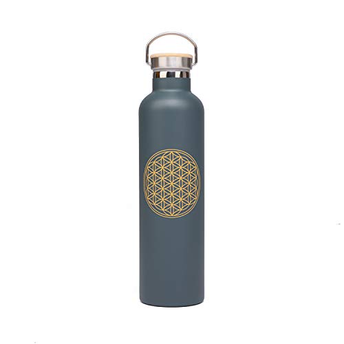 Garrafa Flor da Vida 1L Grafite, com isolamento térmico, feita de aço inoxidável, à prova de riscos,