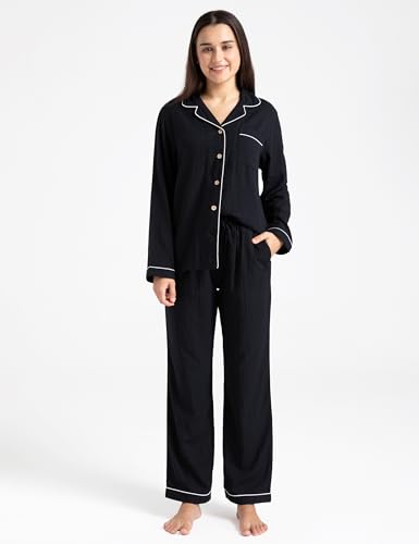 Image of Womens Muslin Pajama Set 100% Cotton Double Gauze Linen Like | Breathable Soft Comfort Button Up Loungewear Sleepwear PJ Set