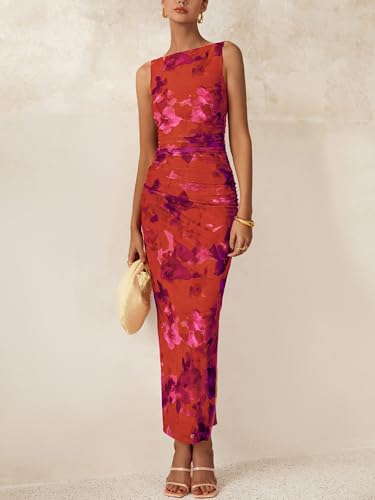MASCOMODA Womens Bodycon Summer Dresses 2025 Sleeveless Floral Mesh Maxi Dress Side Slit Ruched Long Party Cocktail Dresses2