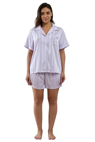 Image of YiNi LuLu Womens Silk Satin Shorts Pajamas Set Button Down 2 Piece Pjs Short Sleeve Oversized Sleepwear with Pockets