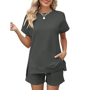 LOMON Womens Fashion 2 Piece Outfits Sweatsuits 2025 Summer Short Sleeve Loungewear Tracksuit Round Neck Lounge Shorts Sets