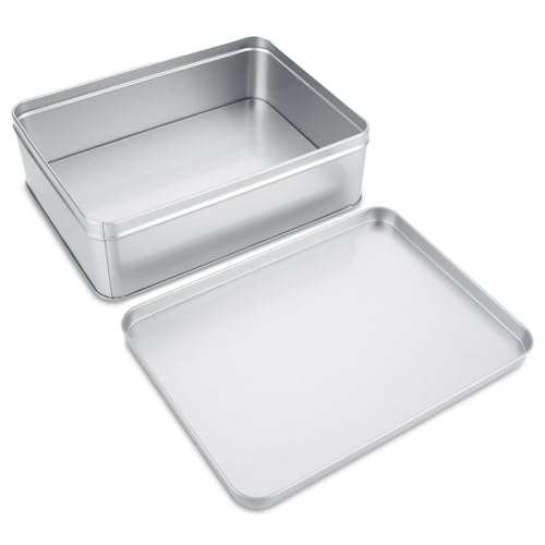 Image of 2Pcs Metal Tin Box, 8.6 inchx 6.3 inchx 2.5 inchRectangular Empty Tin Box Containers with Lids, Large Tinplate Containers for Home Organizer, Gifts, Cookies, Pencil Case, Car Keys, Craft Storage, Silver Tone