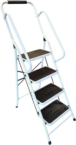 HH Home Hut 4 Step Ladder - Compact Folding Step Stool for Kitchen, Rail Handles Garage Non Slip Large Four-Step Ladder with Fold Away Steps