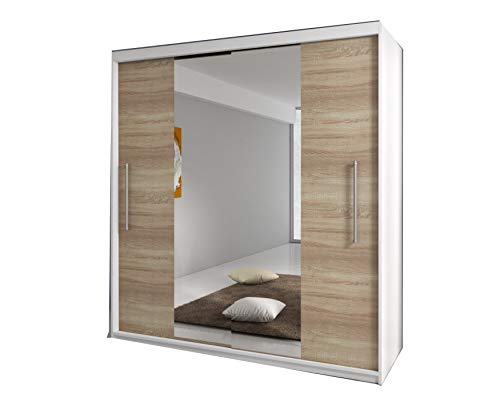 mb-moebel Armoire de Chambre avec 2 Portes coulissantes et Miroir l Dressing Garde-Robe Penderie (Tringle) avec étagères (LxHxP): 204x218x58cm Nico+Miroir (Blanc+Sonoma) Cover