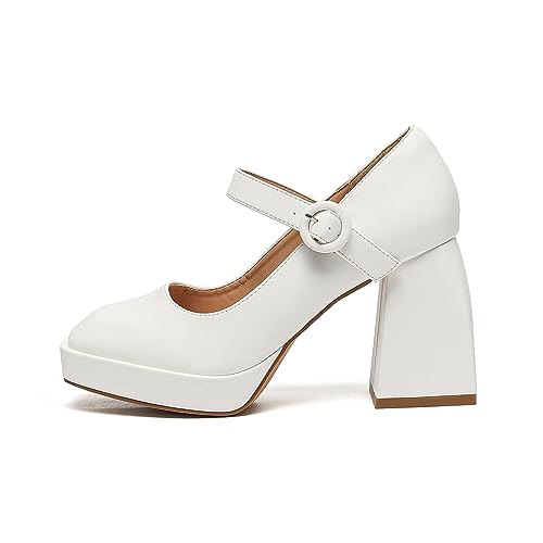 Amoji Women's 4 Inch Platform Mary Janes Shoes High Chunky Heels Bridal Dress Wedding Party Pump Shoes 3062