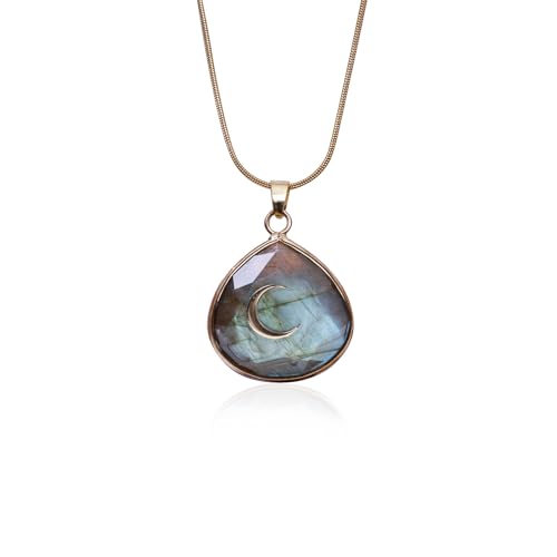Da Piao Liang Labradorite Crescent Moon Energy Necklace Healing Crystal Pendant With Stainless Steel Chain Spiritual Jewelry (Mystic Moon Protection Necklace)