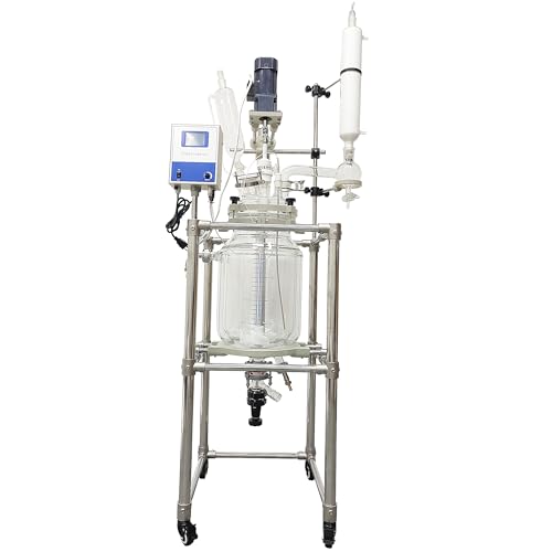 HQHAOTWU Glass Reactor Chemical Jacketed Glass Reactor Vessel Digital Display Vessel Device Double-Layer Glass Reactor with Support Frame Adjustable Speed for Lab Reaction Distillation 20L 110V