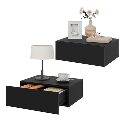 WOLTU Table de Chevet Flottante, Lot de 2, Table de Nuit Murale avec Tiroirs, pour Chambre à Coucher, en Bois, Noir, NTS24sz-2