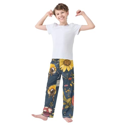 Bee Mushroom Floral Boys Long Pants Soft Trousers Elastic Waist Kids Lounge Bottoms with Pockets S-XL3