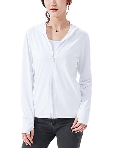 Sukany Women's UPF 50+ Sun Protection Hoodie Running Lightweight UV Jacket Athletic Thin Zip Up Outdoor Hiking Long Sleeve SPF Shirt with Thumb Holes White M