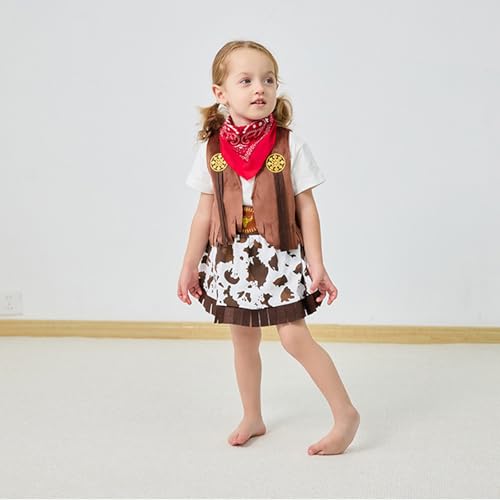RKJRTK Costume de cowgirl pour fille, costume de cowboy pour enfant, tenue de jeu de rôle pour fille, costume western 4 pièces, gilet, pantalon, chapeau et jupe courte, Chapeau rouge, 150 yards – vue 7
