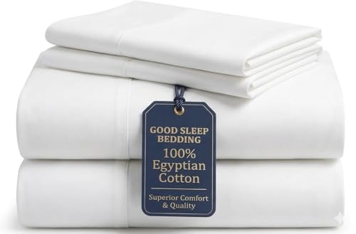 Image of Good Sleep Bedding Full Size Bed Sheets, 4 Piece, 100% Egyptian Cotton Sheets Full Size Bed, Silky Sateen Weave, Ultra-Soft & Durable Hotel Sheets, 16 inch Deep Pocket Full Size Sheets Set - White