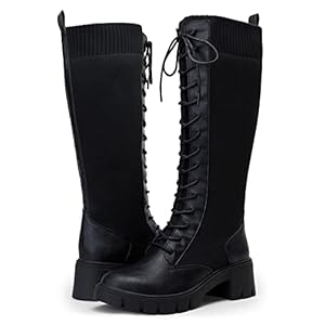 Vepose Women’s 953 Lace Platform Combat Knee High Boots, Black, Size 8.5M US-with Comfort Chunky Heel(CJY953 black 08.5)