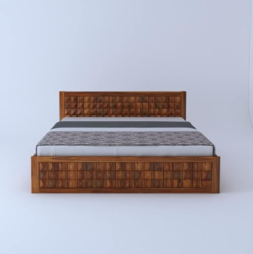 Image of Ganpati Arts Solid Sheesham Wood King Size Bed with Half Box and Front Trolly Storage for Bedroom Living Room Home | Wooden Double Bed Cot Palang Furniture for Hotel (Natural Finish)