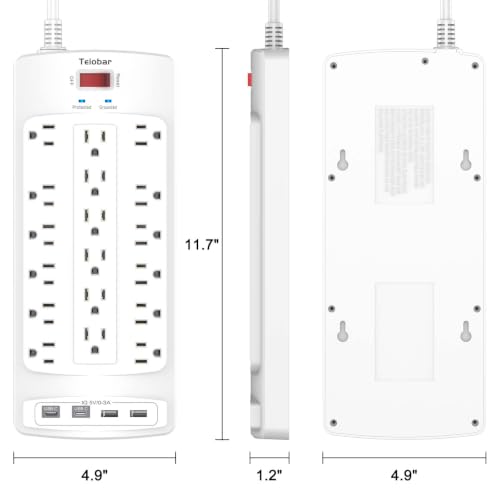 Image of 18 Outlets Surge Protector Power Strip - Teiobar 6 Feet Flat Plug Heavy Duty Extension Cord with 18 Widely Outlets and 4 USB Ports, 2100 Joules, White, ETL Listed