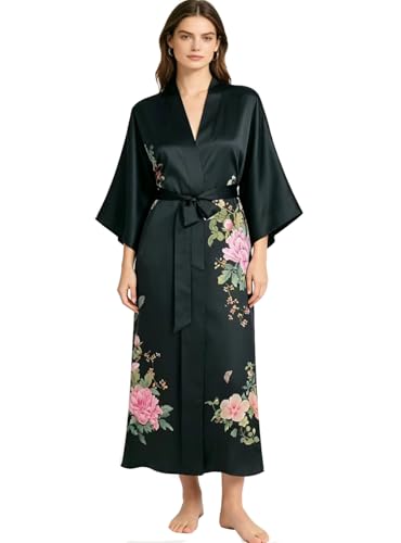 Image of Women's Classic 100% Silk Kimono Robe, Bathrobe-Printed Pattern