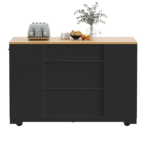 Miniatura 9 de Kebnor Isla De Cocina, Armario De Cocina, Buffet, Carro De Servicio, Isla De Cocina Móvil, Carro De Cocina Con Ruedas, Compartimento Para Residuos, Estantes Ajustables, Dos Puertas Y Tres Cajones