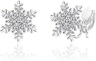 QUKE Women CZ Crystal Snowflake Shape Clip On Stud Earrings Non Pierced Earrings For Women Girls