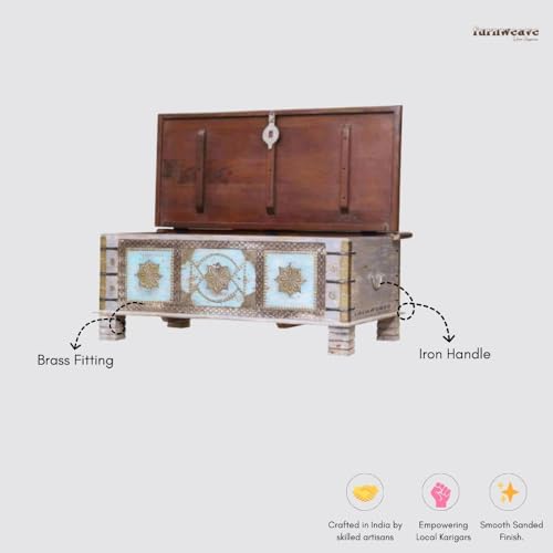 Image of Keve Wooden Trunk Box for Storage | Solid Wood Coffee Table for Living Room | Handcrafted Center Tea Table with Sandook Storage for Living Room | Pitara for Home and Bedroom (Grey Distress)