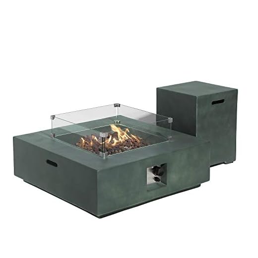 COSIEST 2-Piece Outdoor Propane Firepit Table Set, Green Faux Stone 35 inches Square Fire Table w 50,000 BTU Stainless Steel Burner, Wind Guard, w Metal Lid 20gl Hideway Tank for Garden, Porch