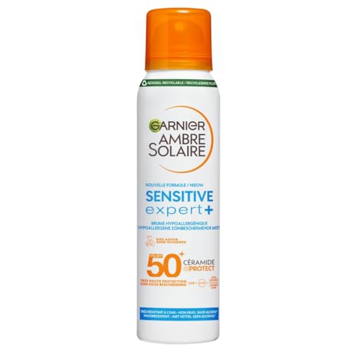 GARNIER Ambre Solaire Sensitive Expert+ - Brume Sèche - Protection Solaire FPS 50+ - Protège des UVA, UVB & UVA Longs - Résiste à L'eau - Céramides - Peaux Sensibles & Intolérantes au Soleil - 150 ml