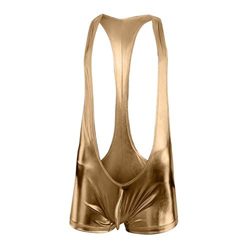 Men Solid Color Leather Trunks Underwear Body Boxer Shorts Jumpsuit Mans Sexy Cut-Out Compression Shapewear Underwear Gold