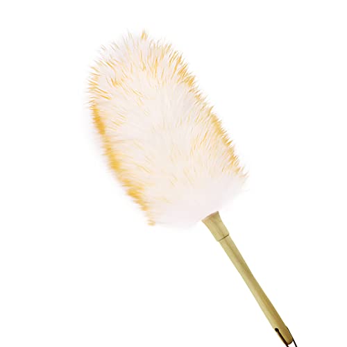 iHUFeather Lambs Wool Duster for Cleaning Window Blinds Computer Furniture TV Computer Screens Bookshelves Solid Wooden Handle Natural Feather Duster