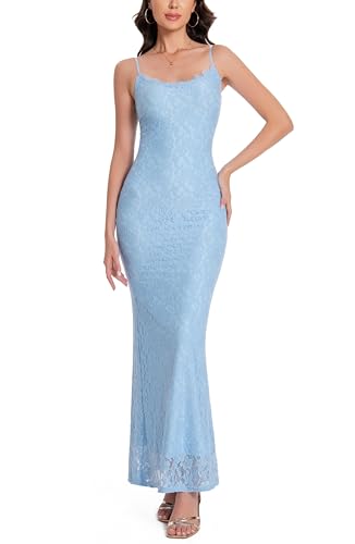 Image of Women's Lace Maxi Dress Spaghetti Strap Slim Fit Sleeveless Gown with Lace Bust for Evening & Party