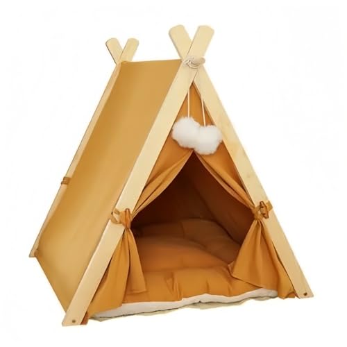 ペット テント 猫ベッド キャットハウス 小型犬ベッド ペットベッド 通年 小型 中型 猫小屋 かわいい 暖かい クッション付き 洗える 組み立て簡単 マットレス両面使用可能 木製 (イエロー, 60*55*63)