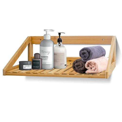 Estante de Pared de Bambú, Organizador de Baño y Cocina, Estante Flotante de Bambú Natural para Botellas, Cosmético y Adornos, Ideal para Baño, Sala de Estar, Dormitorio y Oficina, 43.5x15x15cm