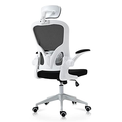 IPKIG Ergonomic Office Chair, Home Office Desk Chairs with Wheels and Flip-Up Arms, Breathable Mesh Chair Mid Back Computer Chair with Headrest and Ergonomic Lumbar Support, Swivel Desk Chair(White-A)