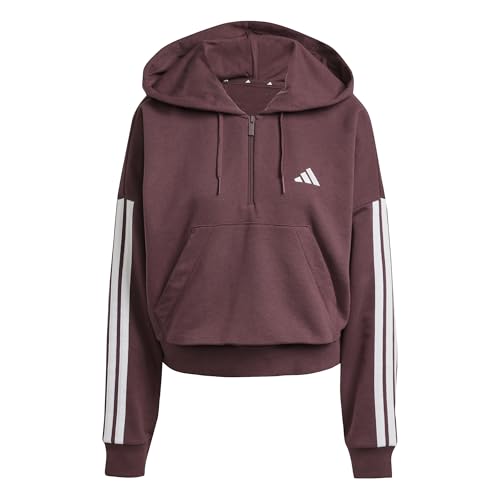 adidas Mujer Essentials 3-Stripes French Terry Quarter-Zip Hoodie, Aurora Ruby/White, XS