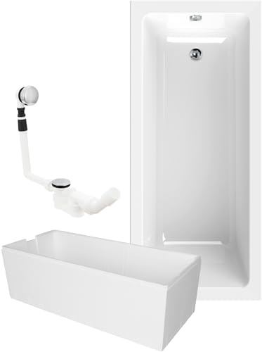 Calmwaters® Rechteck Badewanne Komplettset 170x75 cm mit Wannenträger & Ablaufgarnitur, Körperformwanne, Set Acryl-Badewanne komplett, Rechteckbadewanne Modern Square 170 x 75 cm, Weiß
