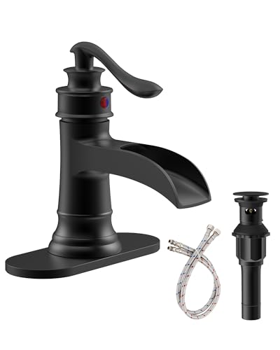 Black Bathroom Faucet Matte Waterfall Sink Farmhouse Vanity Single Hole Faucets One Handle Basin Antique centerset with Pop Up Drain Stopper Mixer Tap Overflow Supply Line by Homevacious